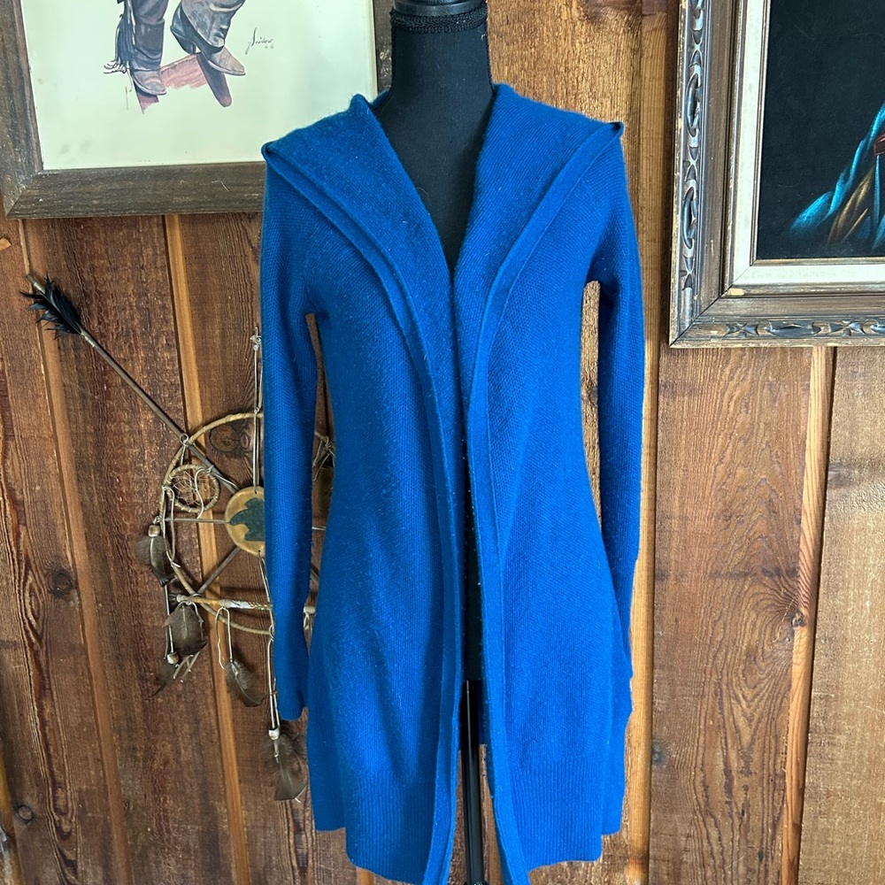 St. Tropez 100% Cashmere Hooded Cardigan Sweater Open Front Blue Small